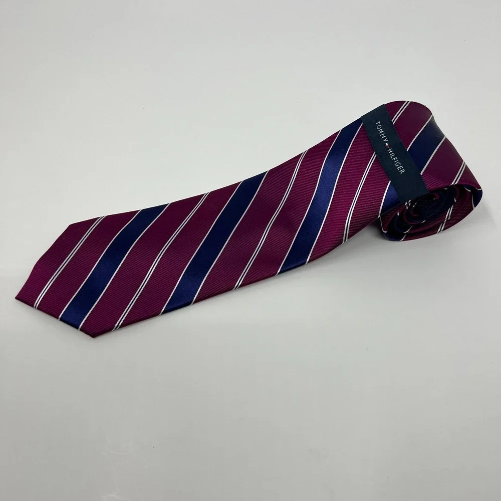 Tommy Hilfiger Men's 100% Silk Tie Stripe Burgundy/Deep Violet/White Vintage NWT